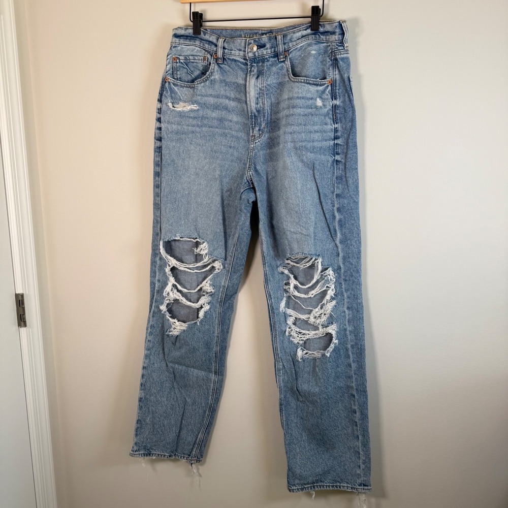 American Eagle Highest Rise Baggy Straight Jeans 12 Denim Distressed Strigid